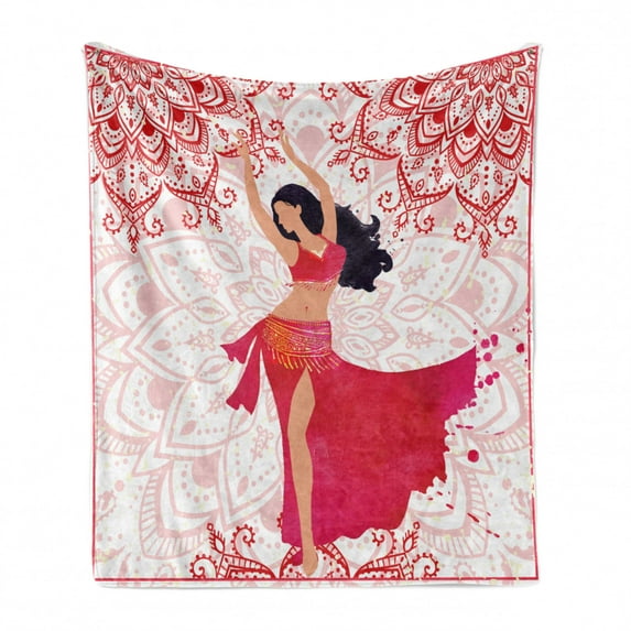 Oriental Soft Flannel Fleece Throw Blanket, Belly Dancer Woman and Floral Ornaments, Cozy Plush for Indoor and Outdoor Use, 50" x 70", Pink Vermilion, by Ambesonne