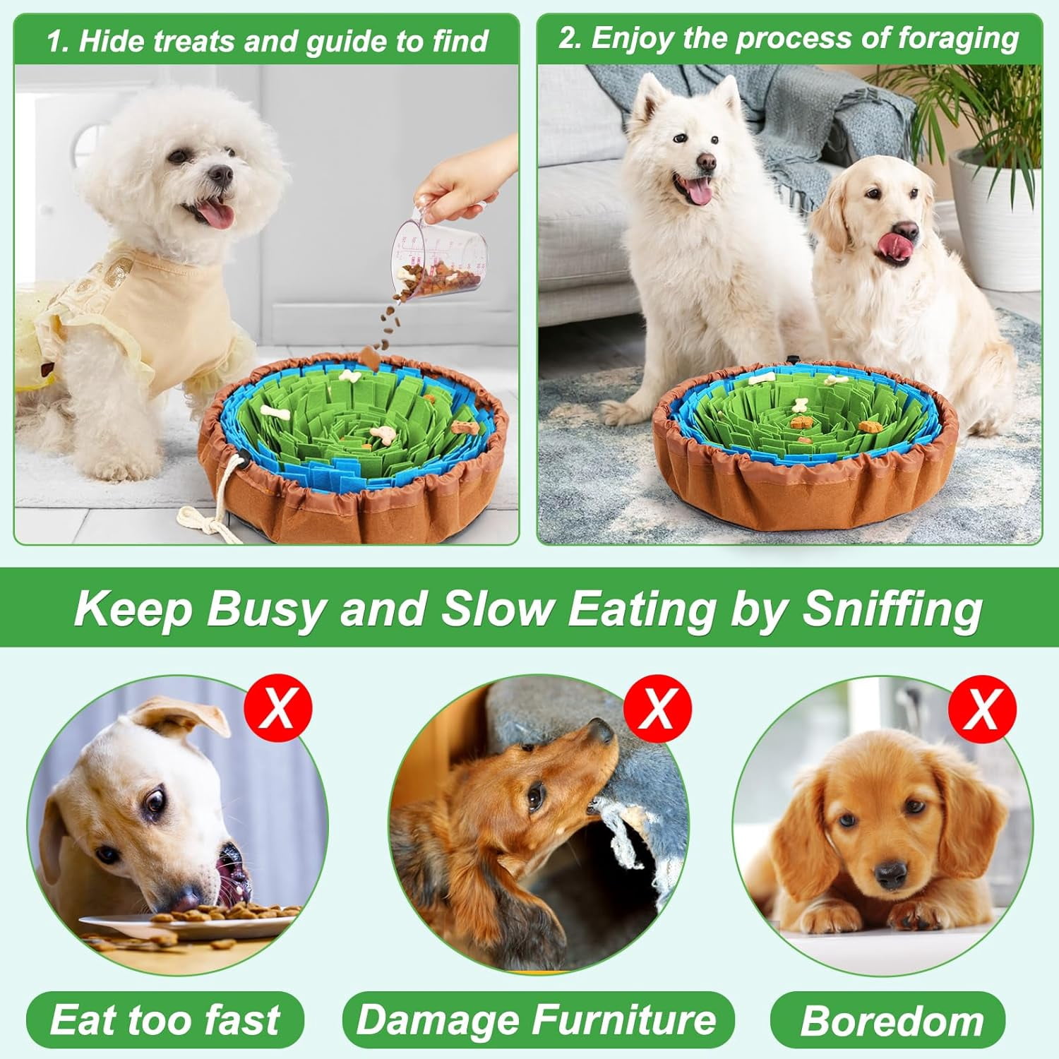 Snuffle Mat for Dogs, Adjustable Nosework Mat for Small, Medium & Large Dogs, Interactive Dog Enrichment Toy for Mental Stimulation & Slow Feeding (Green & Blue)