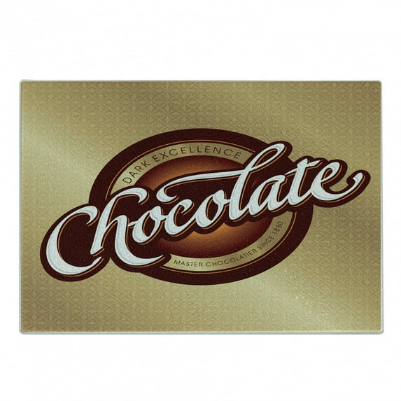 Chocolate Cutting Board, Master Chocolatier Sign Dark Excellence Text Retro Style, Decorative Tempered Glass Cutting and Serving Board, in 3 Sizes, by Ambesonne