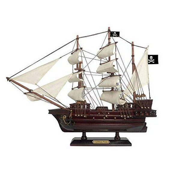 Hampton Nautical Wooden Caribbean Pirate White Sails Pirate Ship Model 15" - Boat Decor - Model