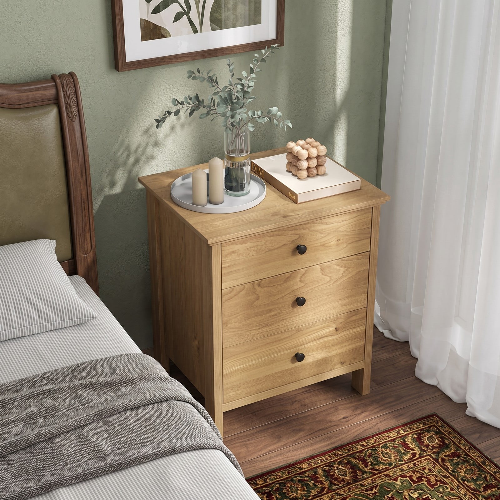 Furnibear 3-Drawer Wooden Nightstand with Wide Tabletop and Smooth Metal Slides for Bedroom Living Room and Study, Natural