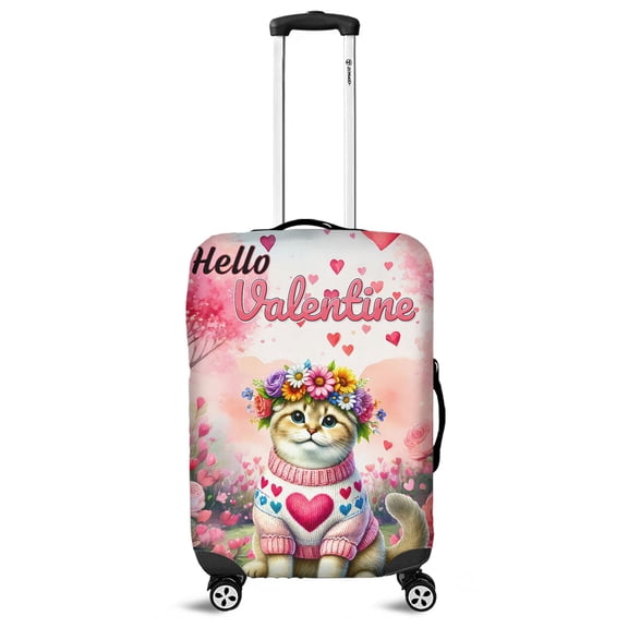 Hello Valentine’s Day Scottish Fold Flower Crown Romantic Pink Floral Travel Luggage Cover Cat Lover Kitten Owner Gifts Suitcase Dust Protective Decor - 00031