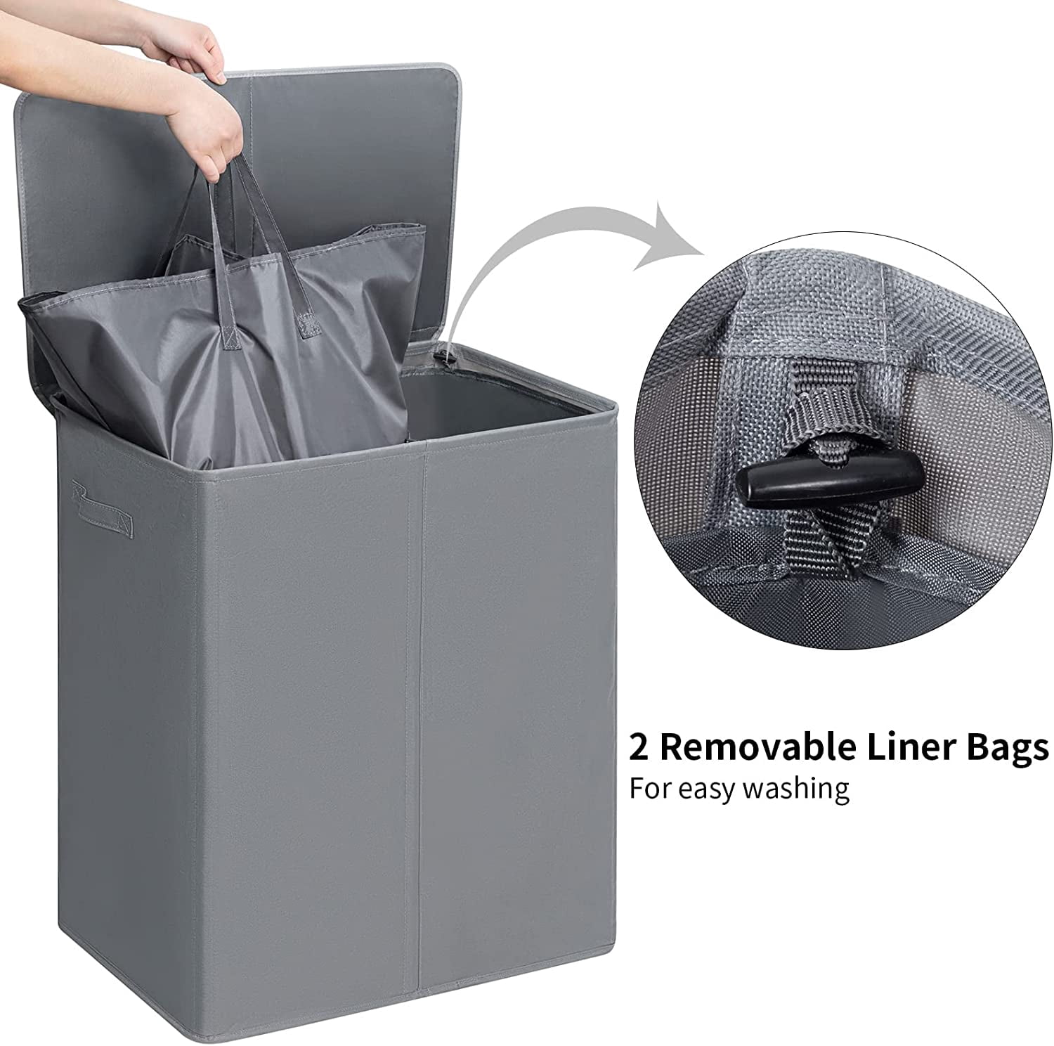 154L Double Laundry Hamper with Lid and Removable Laundry Bags, Large Dirty Clothes Hamper 2 section Collapsible Laundry Basket Dorm Room Storage for Bedroom, Bathroom, College,Grey