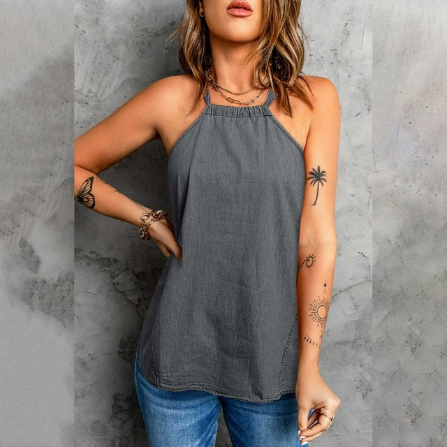 LSLJS Débardeurs à Bretelles Spaghetti pour Femmes Débardeurs d'Été Décontractés Sans Manches pour Femmes Col Rond Camisole Unie