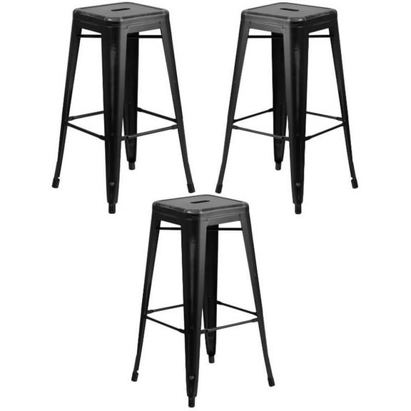 Home Square 30" Metal Backless Bar Stool in Distressed Black - Set of 3