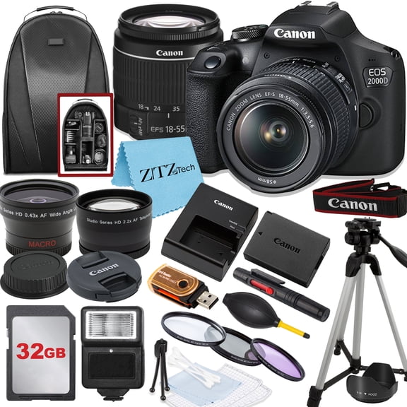 Canon EOS 2000D / Rebel T7 DSLR Camera with 18 to 55mm Lens, 32GB Memory, Tripod, Backpack and ZeeTech Bundle (International Model)