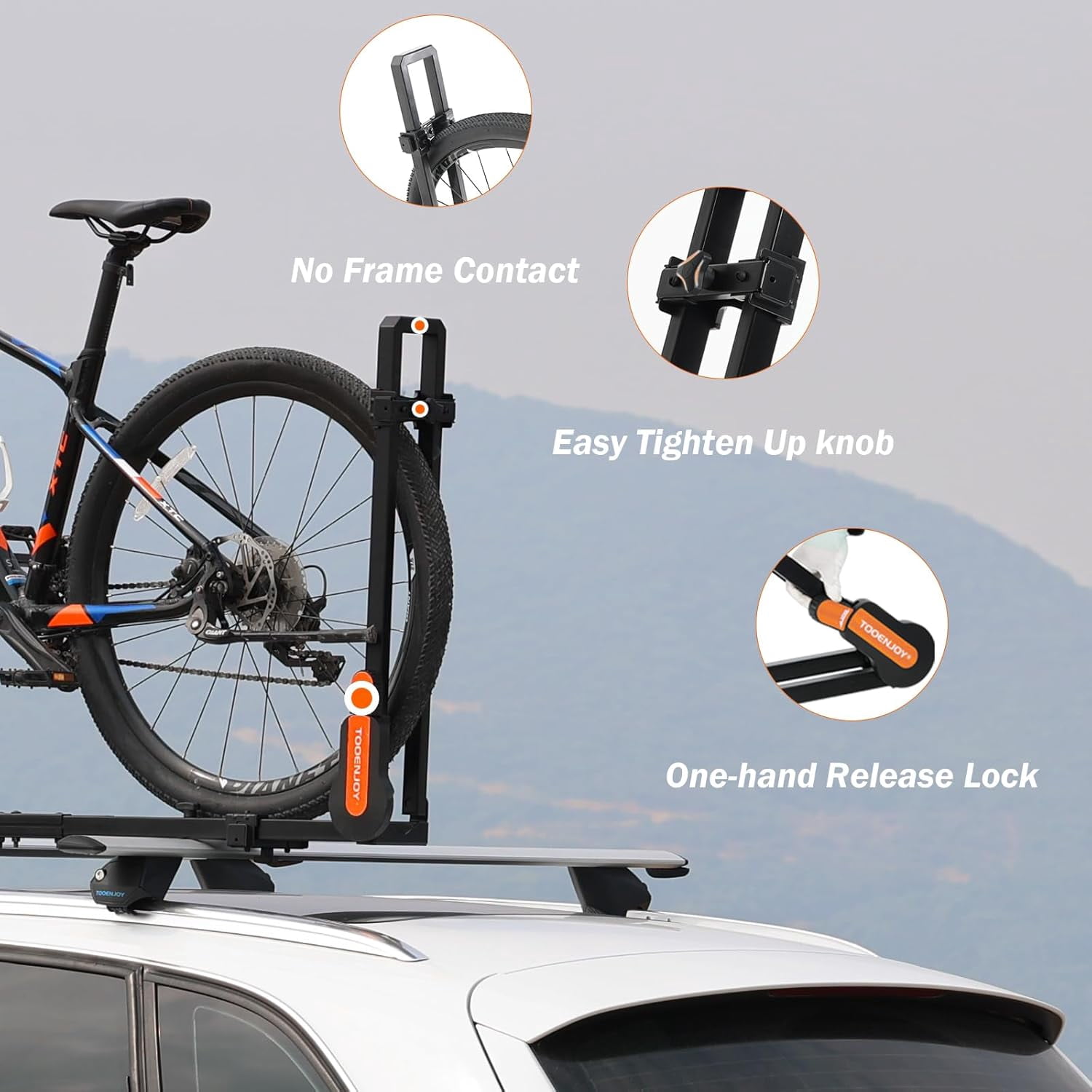 TOOENJOY Roof Mount Bicycle Car Rack, Upright Bike Rooftop Mount Rack with Dual Load Arm & Safe Ratchet Lock,Only for Movable Crossbar