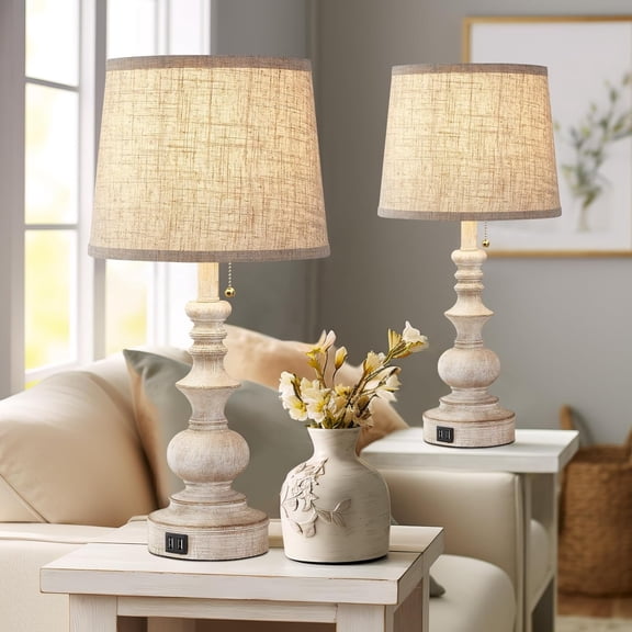 Drawealth Farmhouse Table Lamps Set of 2 with USB Ports and Pull Chain Switch for Bedroom Nightstand Living Room