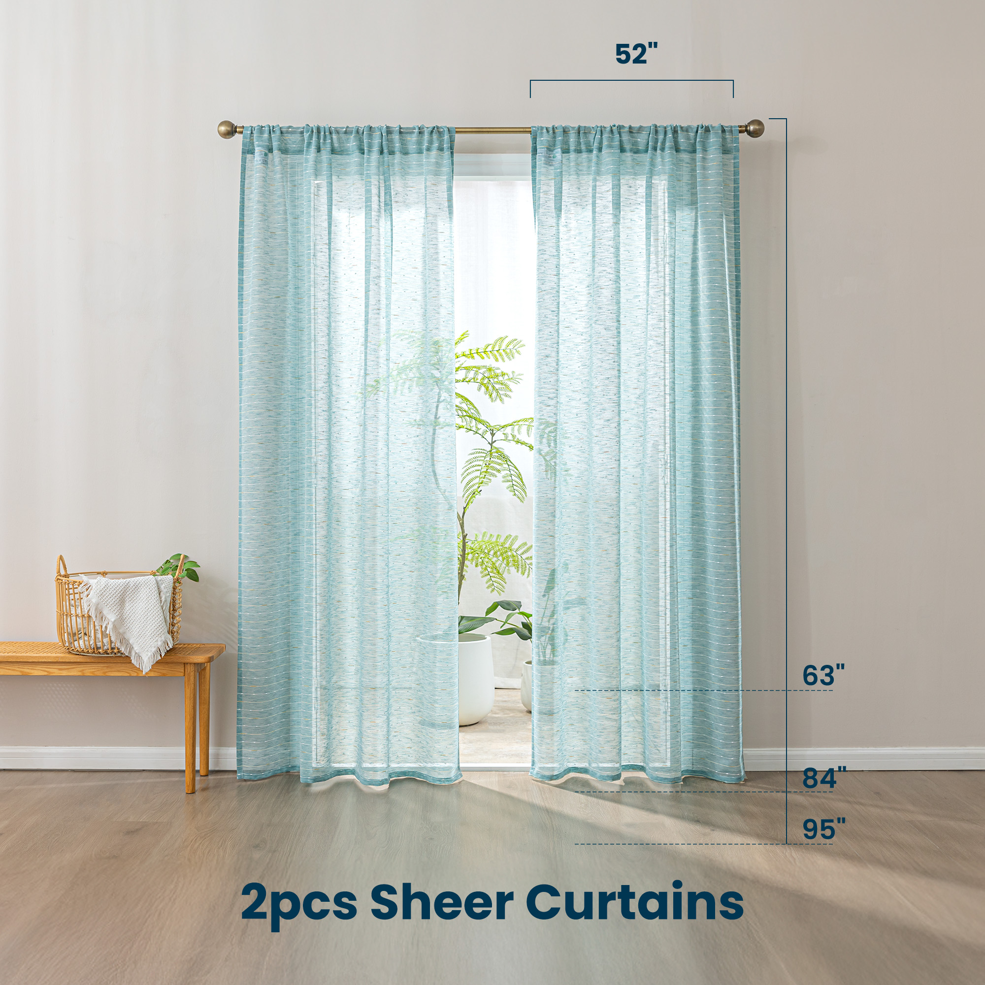 Sleep Zone Striped Jacquard Sheer Curtains Ocean Wave, Light Filtering Privacy and Elegant Drape Curtain Panels Living Room Bedroom 2 Panels, 52" x 84" Blue