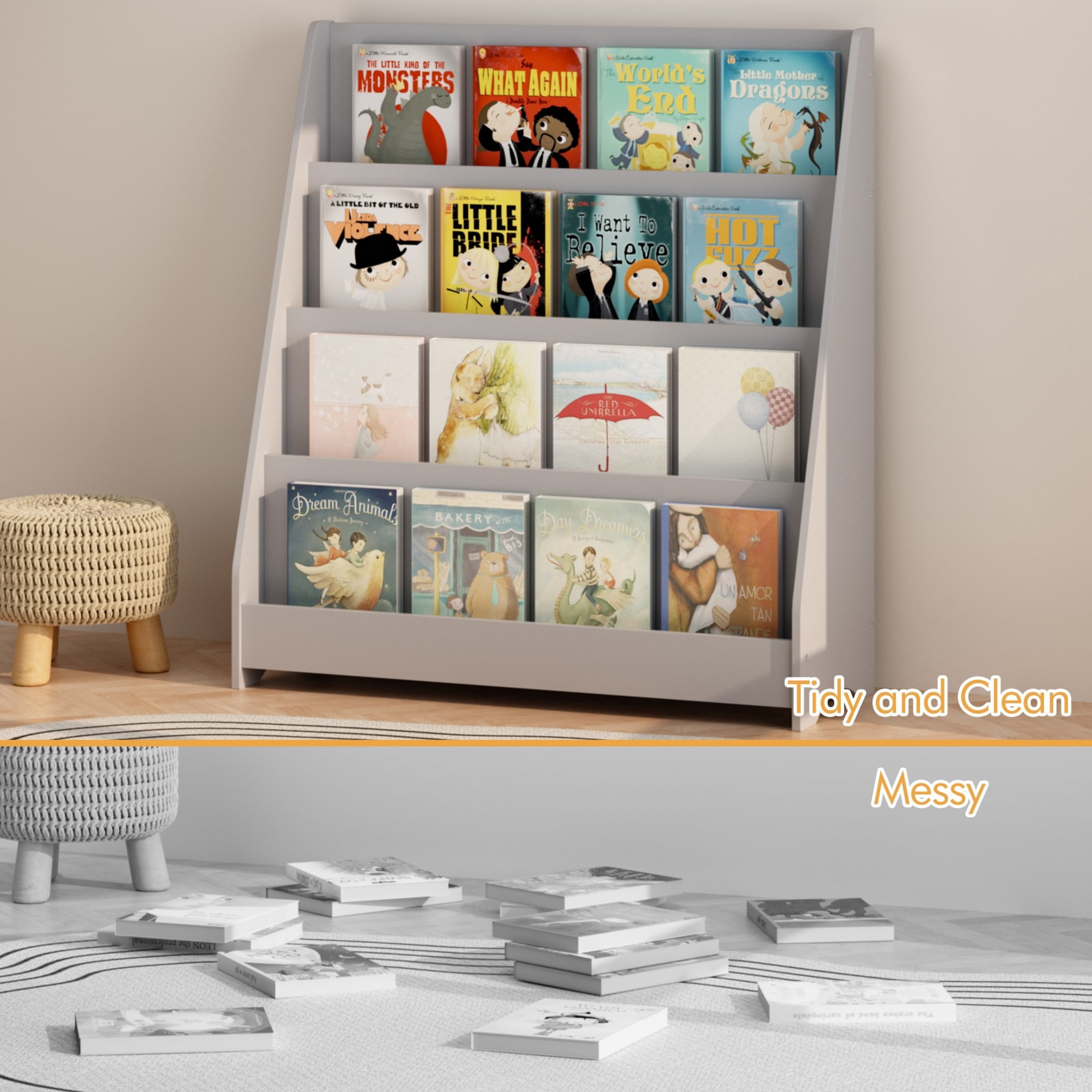 Noble House Aldo 4-Tier Kids Display Bookshelf, Wooden Toddler Book Organizer, for Kids Room, Gray