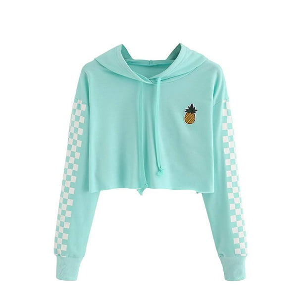 Women s Pineapple Embroidered Hoodie Plaid Crop Top Sweatshirt