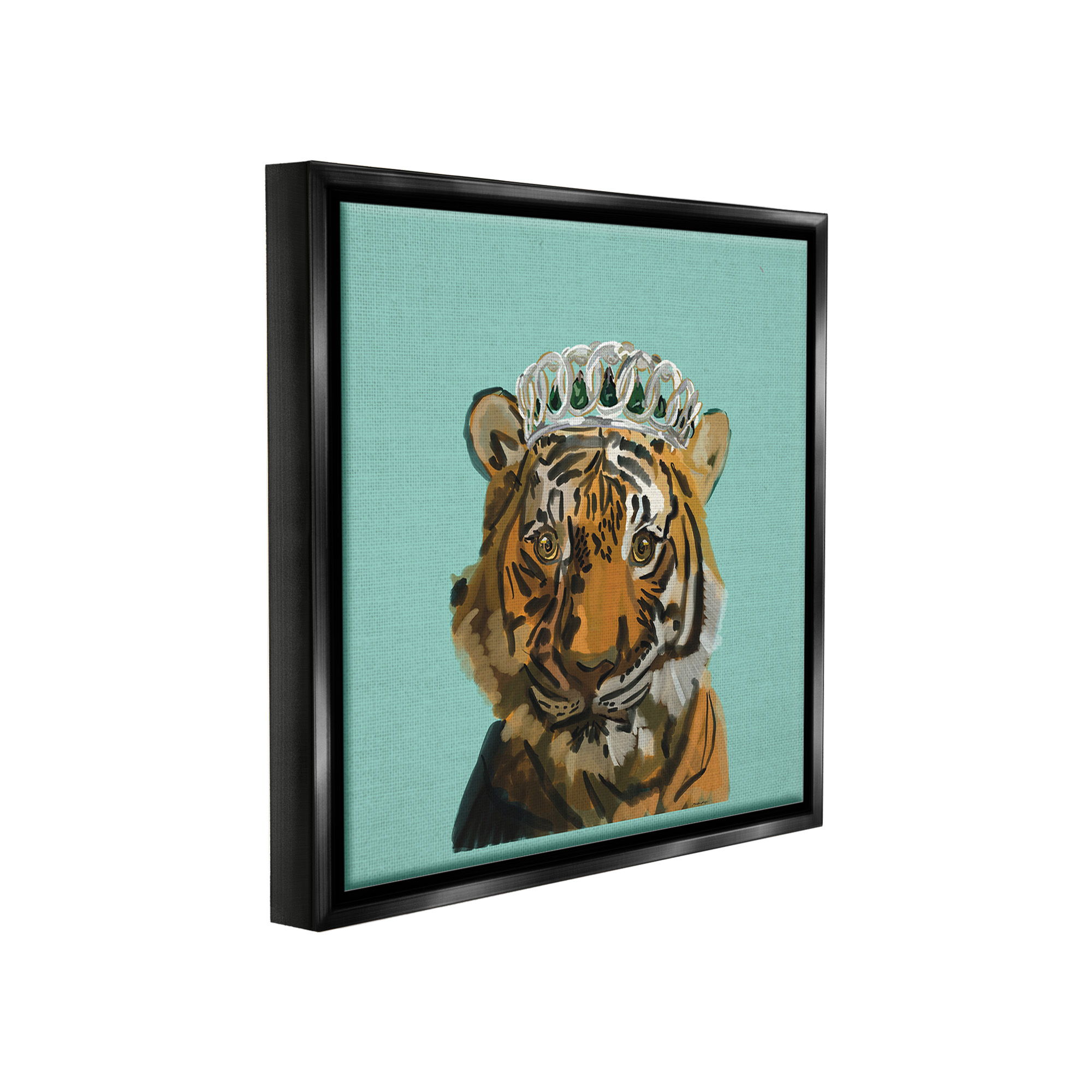 Stupell Industries Tiger Wearing Crown Animals & Insects Painting Black Floater Framed Canvas Art Print Wall Art, 25 x 25