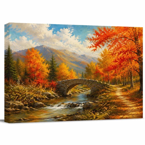 Fall Landscape Canvas Print Wall Art, Forest Golden Orange Maple Trees River Valley Path Country Wall Decor Modern Artwork Paintings Pictures for Living Room Framed Ready to Hang - 12" x 16"
