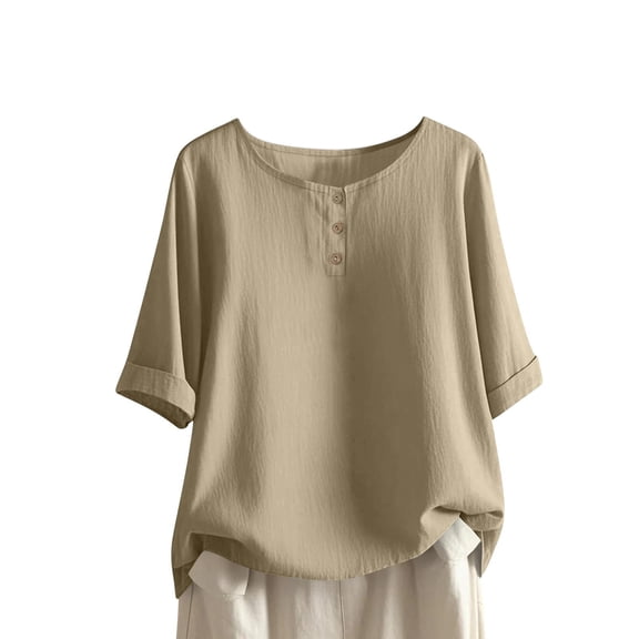 Womens Tops, Women Cotton Gauze Summer Tops 3/4 Length Sleeve Linen T Shirts Loose Fit Peasant Tunic Blouse Boho Beach Vacation Clothes Khaki M