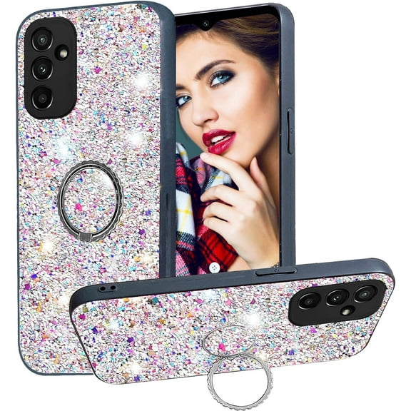 for Samsung Galaxy A25 5G Sparkle Bling Sparkly Glitter Case for Women, Shockproof Protective Cover Case with Ring Kickstand for Samsung Galaxy A25 5G CZ-Silver