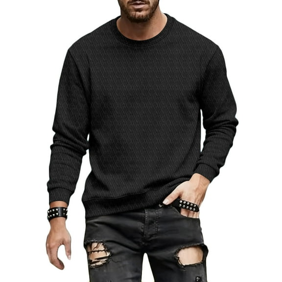 Bosfbaoi Men's Casual Top Regular Fit Solid Jacquard Detail Long-Sleeve Crewneck Hoodie Soft and Breathable Everyday Wear Top