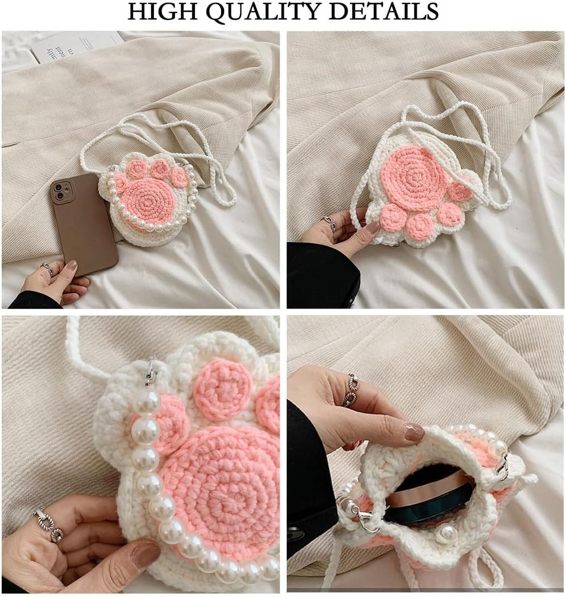 Ladies Crochet Cat's Paw Shape Crossbody Bag with Pearl Chain Cute Handmade Crochet Cat's Paw Handbag Cat's Paw Purse