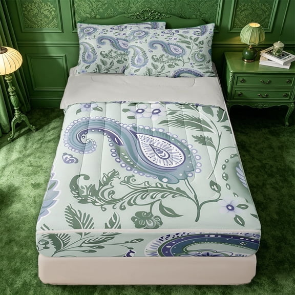 jejeloiu Calm Paisley Zipper Twin Comforter Sets with Fitted Sheet and 2 Pillowcases,Botanical Print Zipper Bedding Set For Adults,Mint Purple,Light Gray Reversible,4 Pieces