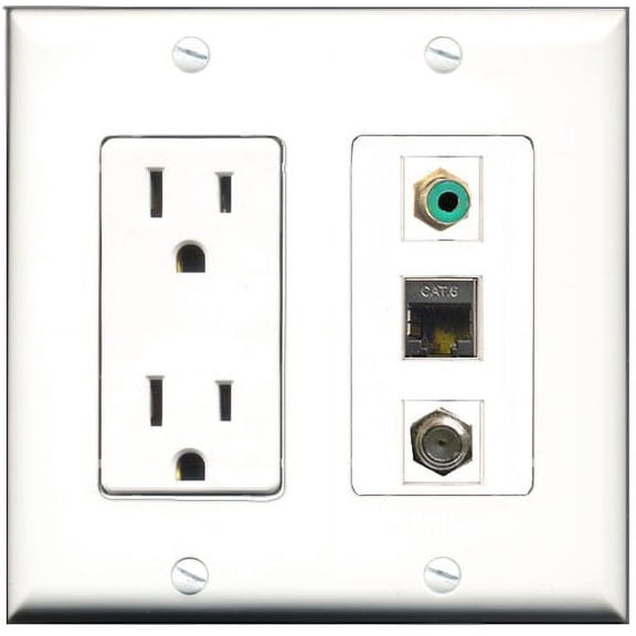 RiteAV - 15 Amp Power Outlet 1 Port RCA Green 1 Port Coax 1 Port Shielded Cat6 Ethernet Ethernet Decorative Wall Plate