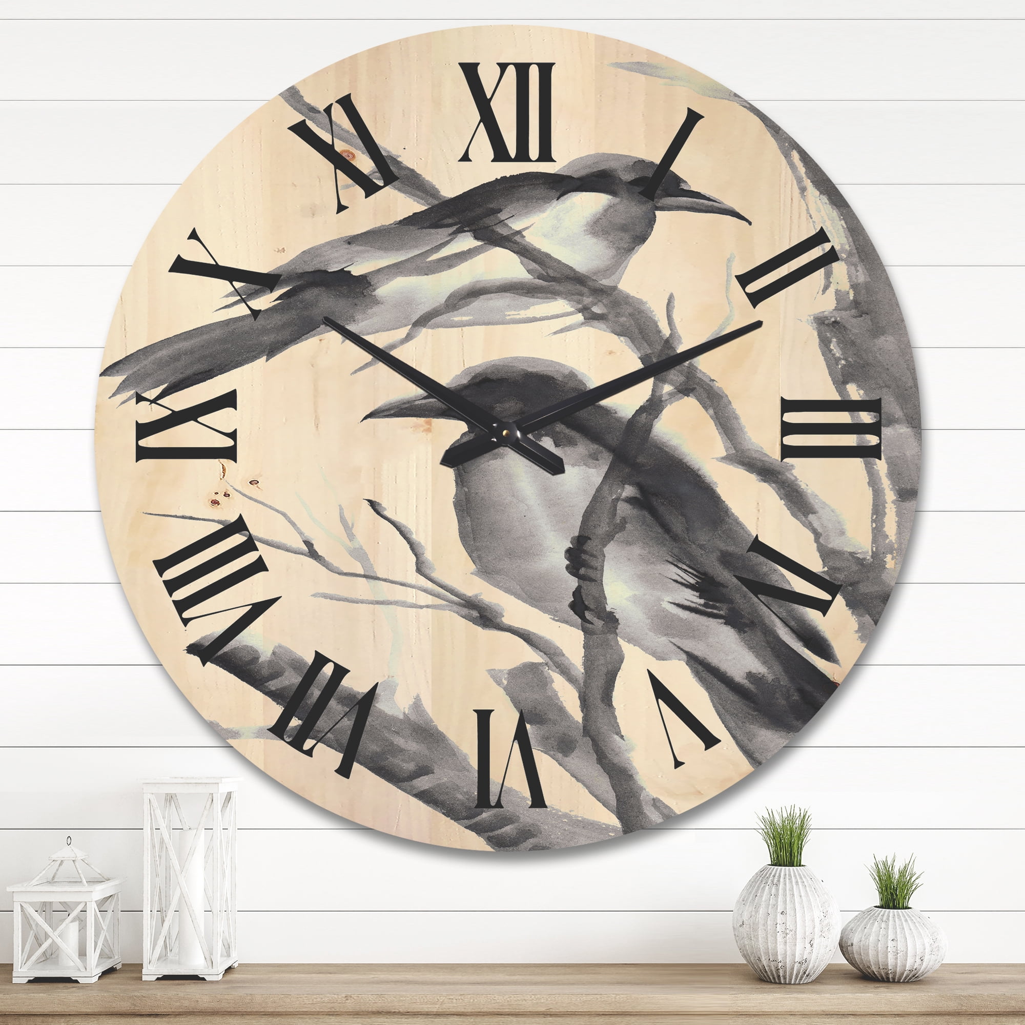 Designart 'Vintage Black and White Sleeping Crows' Traditional Wood Wall Clock