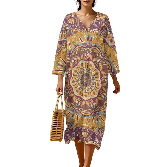 DISNIMO Mandala Flower Print Women Casual Maxi Dresses V Neck Dress Loose 3/4 Sleeve Shift Dresses Fashion Long Dress for Women, S