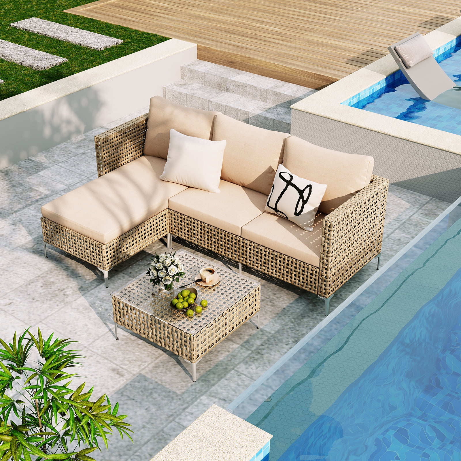 YHBINHUI 3 Piece Patio Furniture Set with Chaise Longue Outdoor Wicker Furnitrue Set (Yellow/Beige)