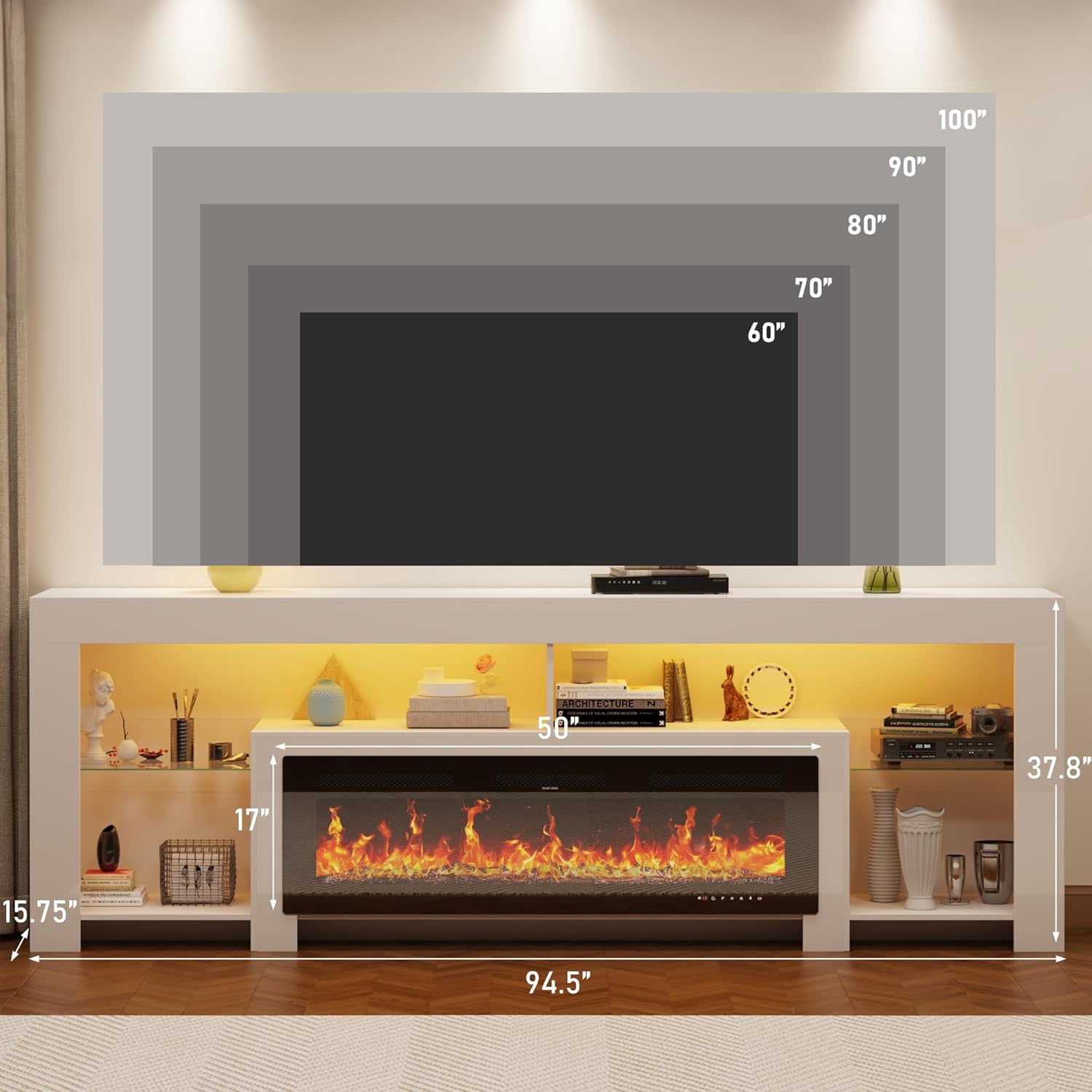 Blotout Fireplace TV Stand for 95/100''TV with 50'' Fireplace, 94.5'' Modern LED Entertainment Center with Overheat Protection, Adjustable Shelves, 2 Tier Fireplace Console for Living Room, Bedroom