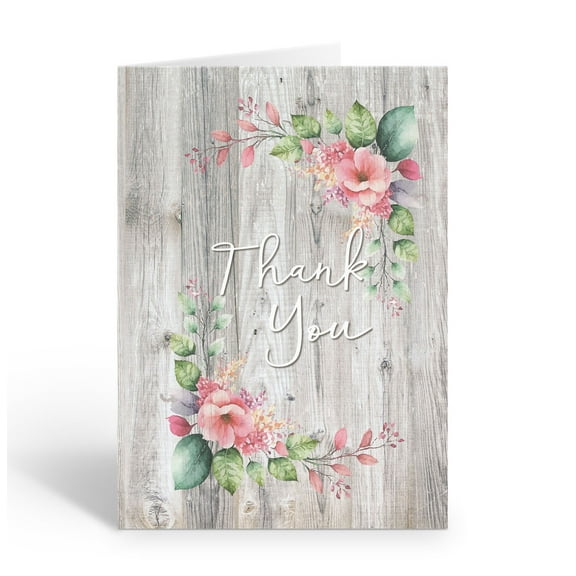 Pretty Rustic Pink Floral Thank You Note Card - 10 Note Cards with Envelopes - B