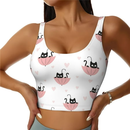Jgfou Umbrella Cat Print Womens Sports Bra - Padded Workout Sports Bras Crop Tank Top
