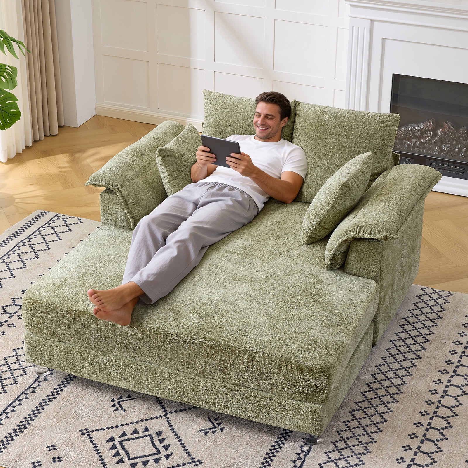 Ktaxon Jacquard Plush Fabric Chaise Lounge, Sofa Bed with Acrylic Legs, Floating Sleeper with Pillow Armrest, 2-Person Seating for Living Room & Game Room Green