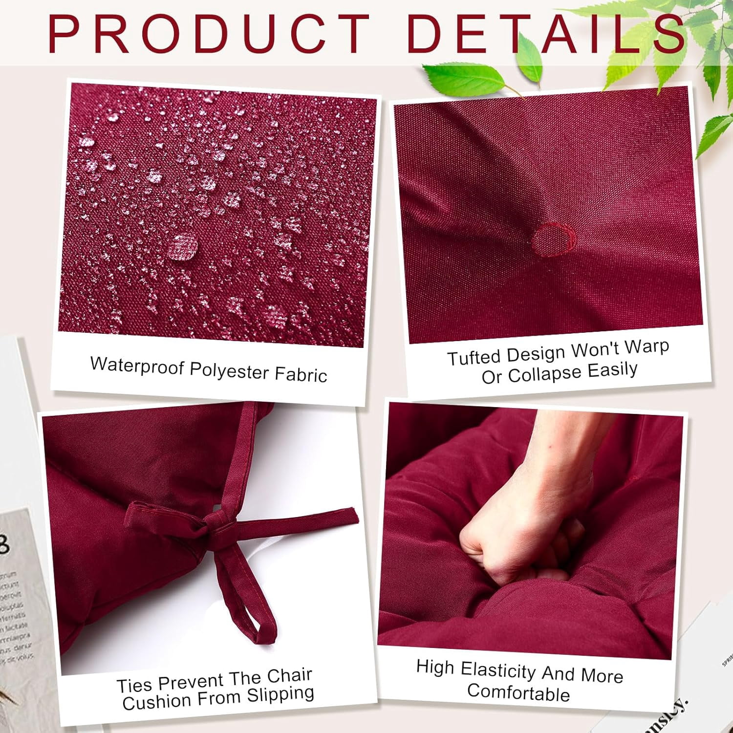 Tufted Back Chair Cushion Indoor Outdoor Weather Resistant Swivel Rocker Patio Chair Cushions for Outdoor Furniture(Wine Red,4 Pack)