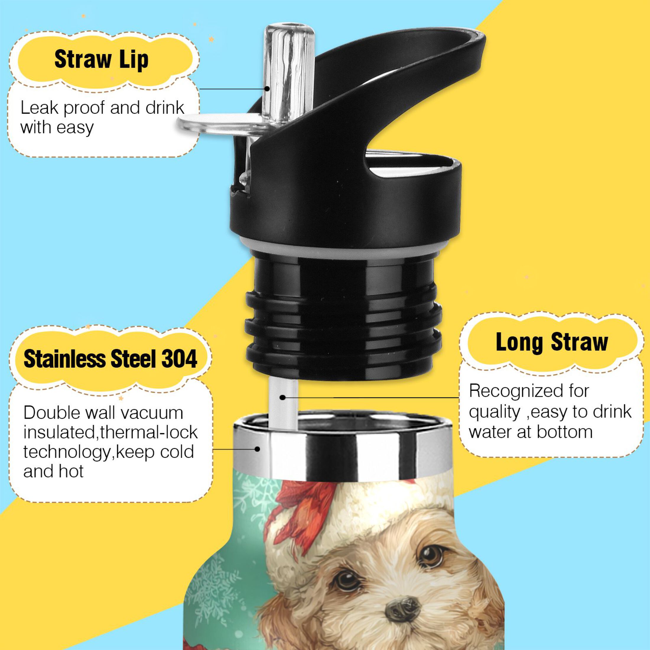 600ML Stainless Steel Insulated Cup Sports Water Bottle Portable Thermos Cup Water Glasses Insulated Tumblers Convenient and Durable Warm Christmas Dog