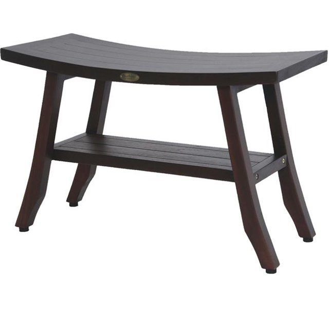 Banc de Douche / Extérieur en Teck Curviligne Compact avec Étagère Finition Marron