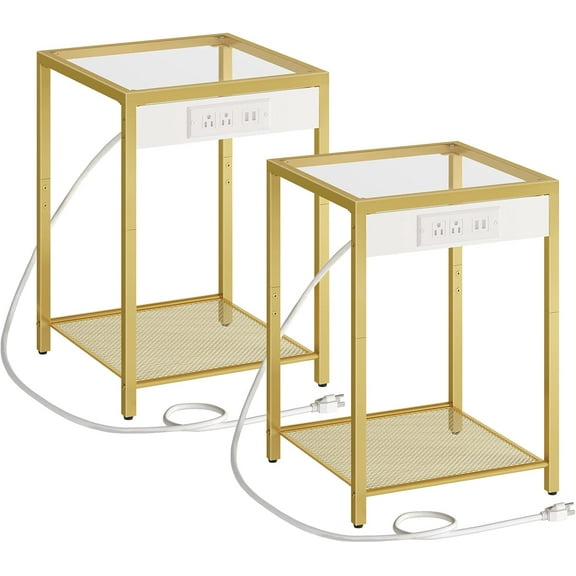 Side Table with Charging Station, Set of 2 End Tables with USB Ports, Nightstand for Tight Spaces, Tempered Glass, Modern Metal Frame, for Office, Bedroom, Living Room, Gold