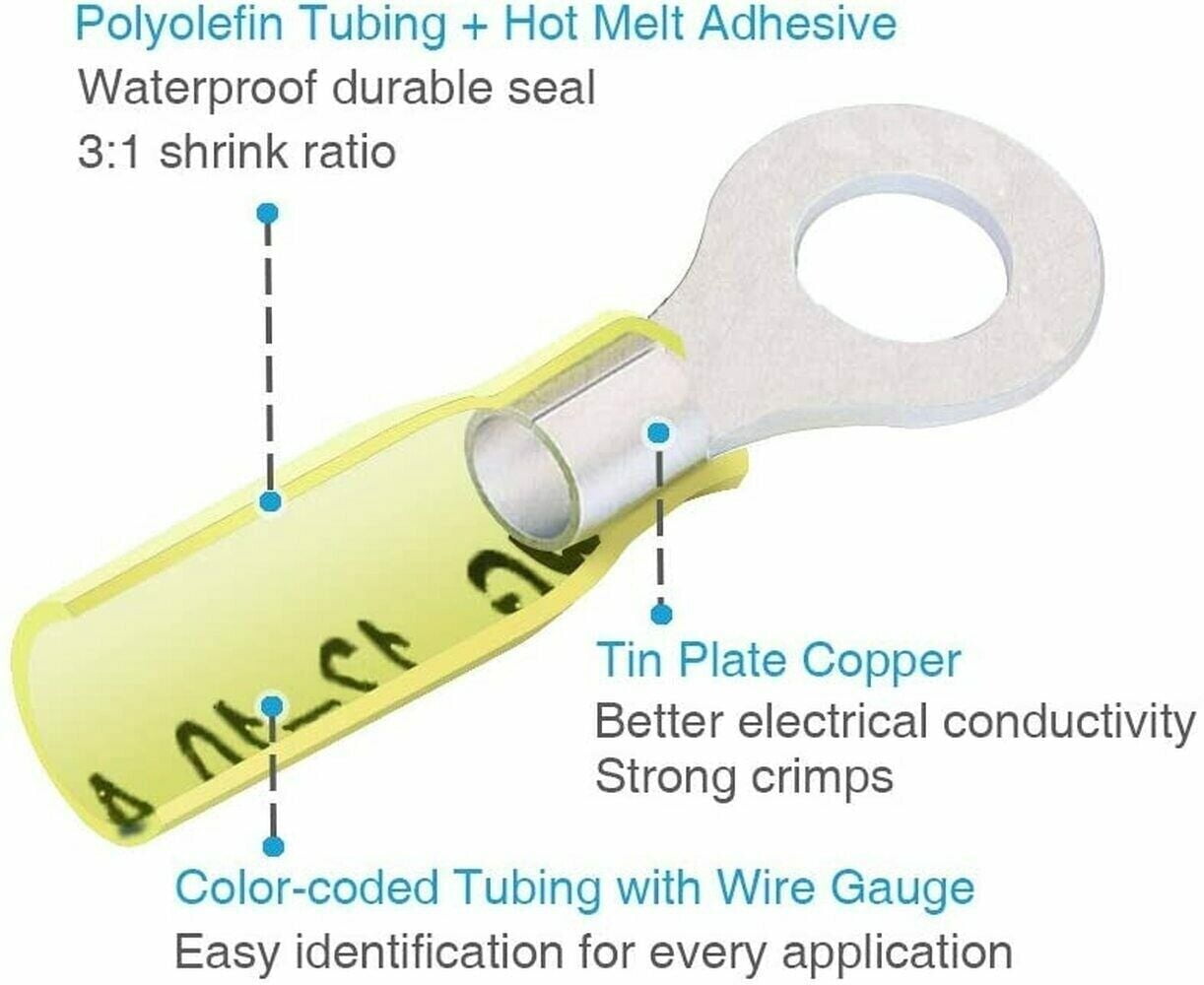 100pcs Insulated Heat Shrink Ring 12-10AWG #10 Electrical Wire Crimp Connectors