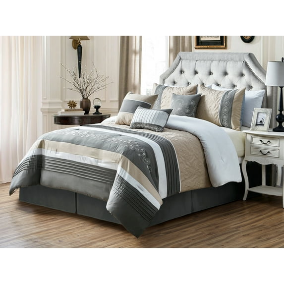 7-Pc Jools Paisley Floral Embroidery Embossed Pleated Stripe Comforter Set Gray White Beige Queen