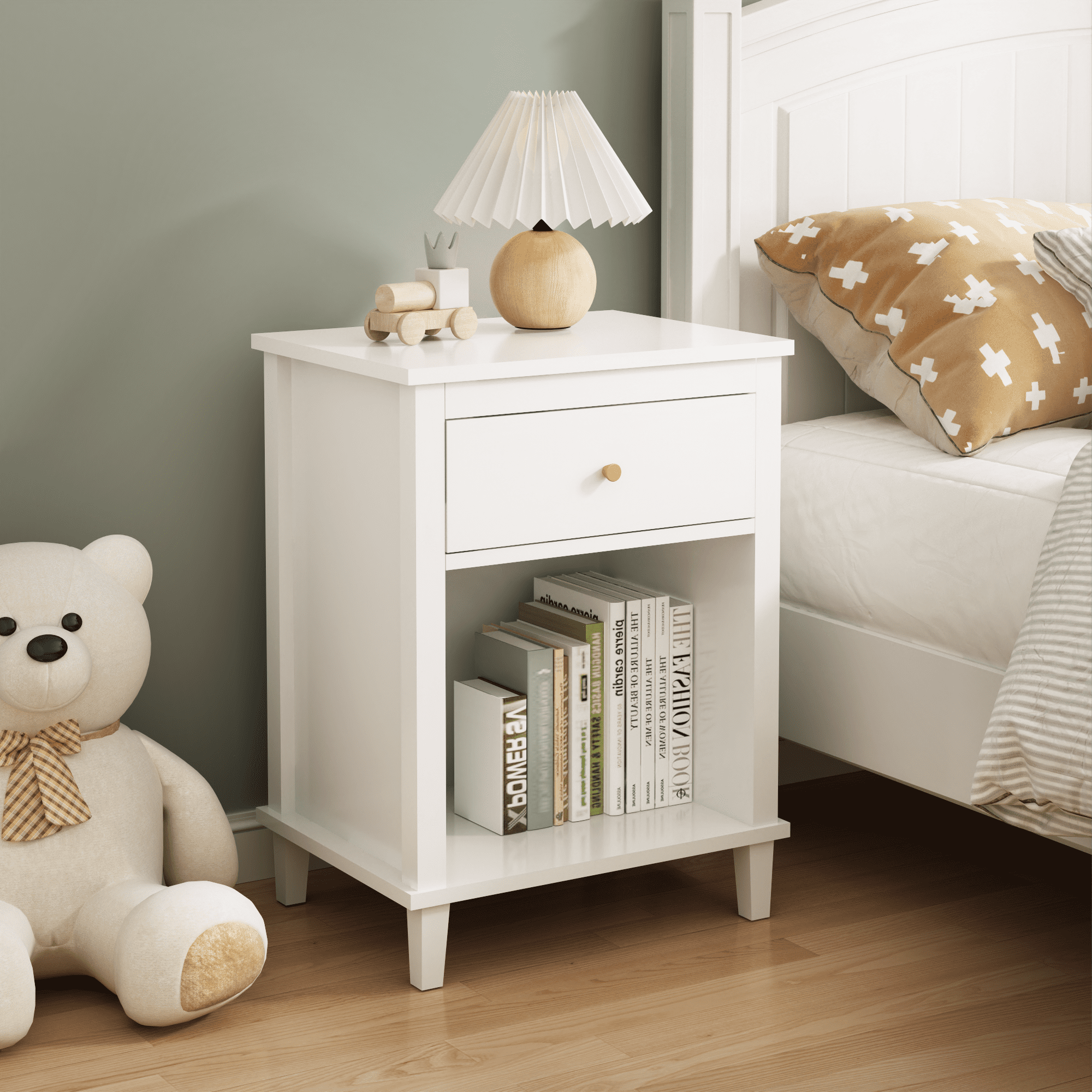 Yoneston Modern Nightstand with Drawer and Open Shelf, Simple Bedside Table for Bedroom, Kids Room, White
