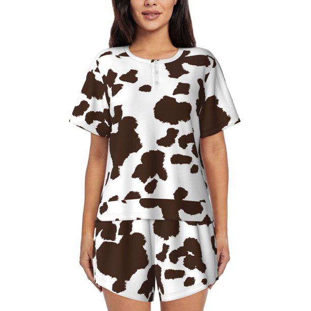 Balery Brown Cow Conjunto de Pijama para Mujer con Estampado, Dos Piezas de Manga Corta y Shorts, Ropa de Dormir Suave con Cuello Redondo y Bolsillos-Medium