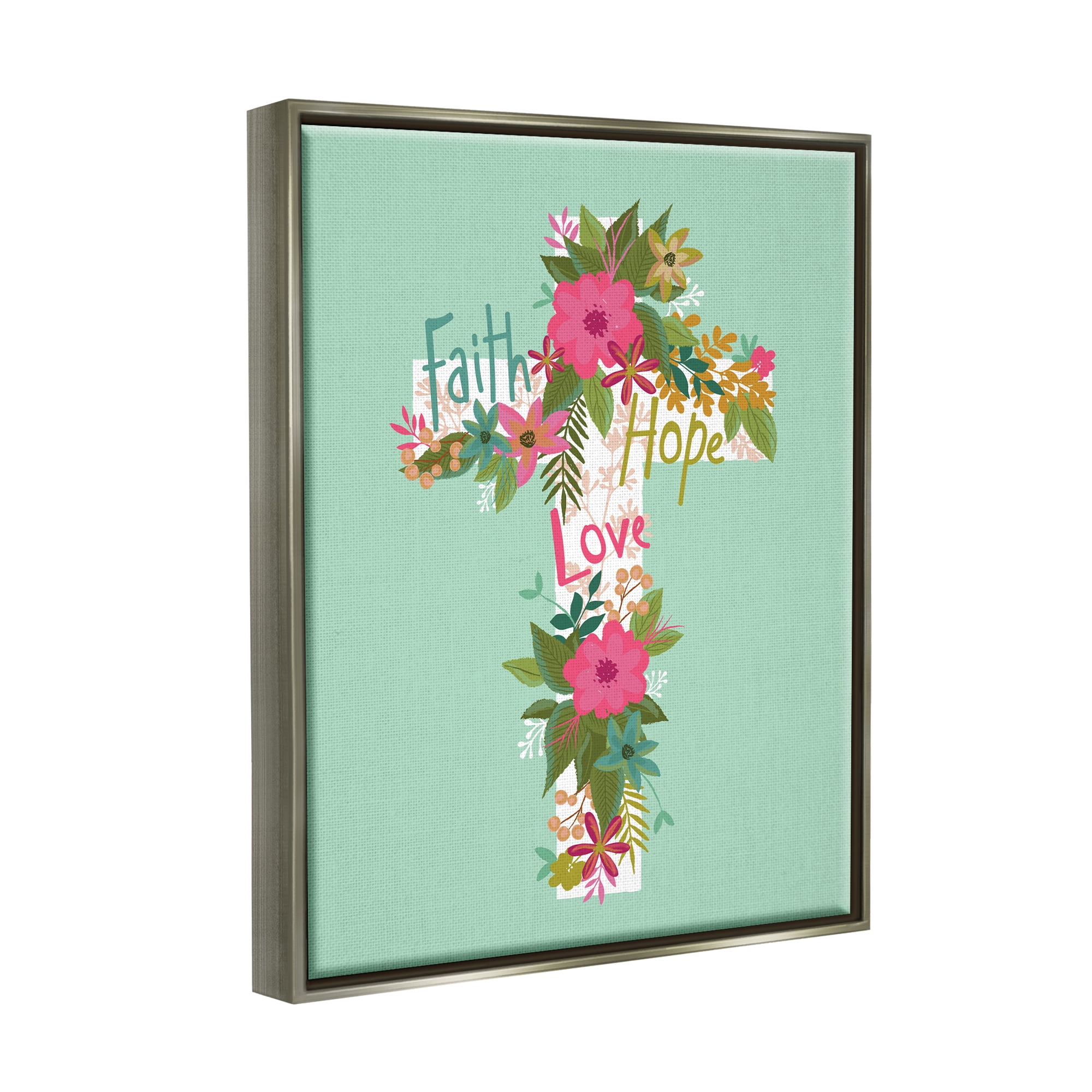 Stupell Industries Faith Hope Love Floral Cross Religious Painting Gray Floater Framed Art Print Wall Art