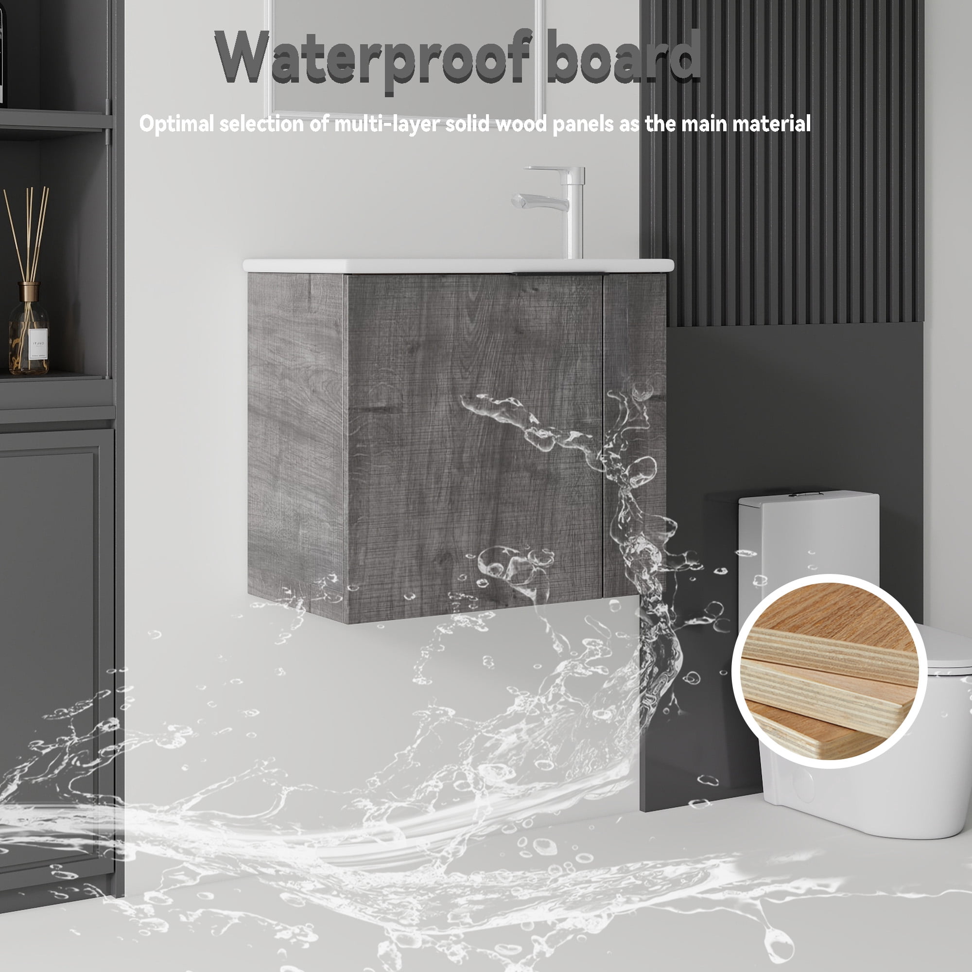Leumius 22" Floating Bathroom Vanity with Ceramic Sink & Soft-Close Doors,Wall-Mounted Vanity for Small Space,Bathroom,Grey