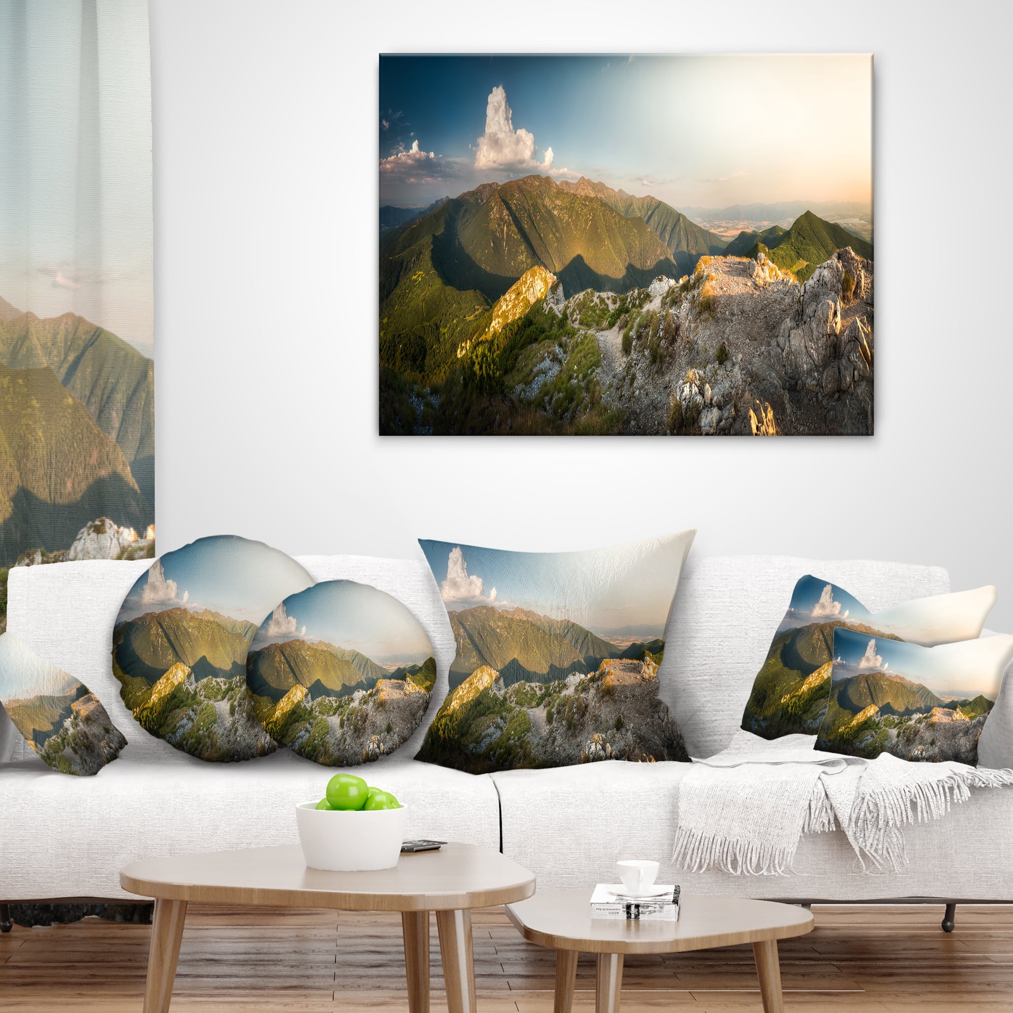 Designart Rocky Green Mountains Panorama - Landscape Printed Throw Pillow - 12x20