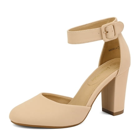 

Dream Pairs Women s Ankle Strap Close Toe Chunky High Heel Pump Dress Shoes Angela Nude/Nubuck Size 8.5