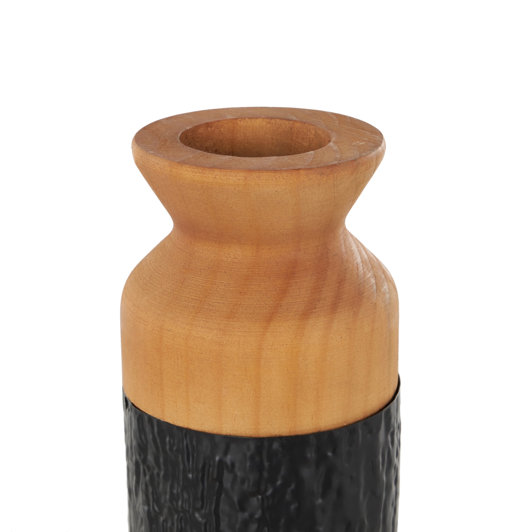 DecMode 11", 10"H Abstract Textured Color Block Black Metal Vase with Brown Wood Tops, Set of 2
