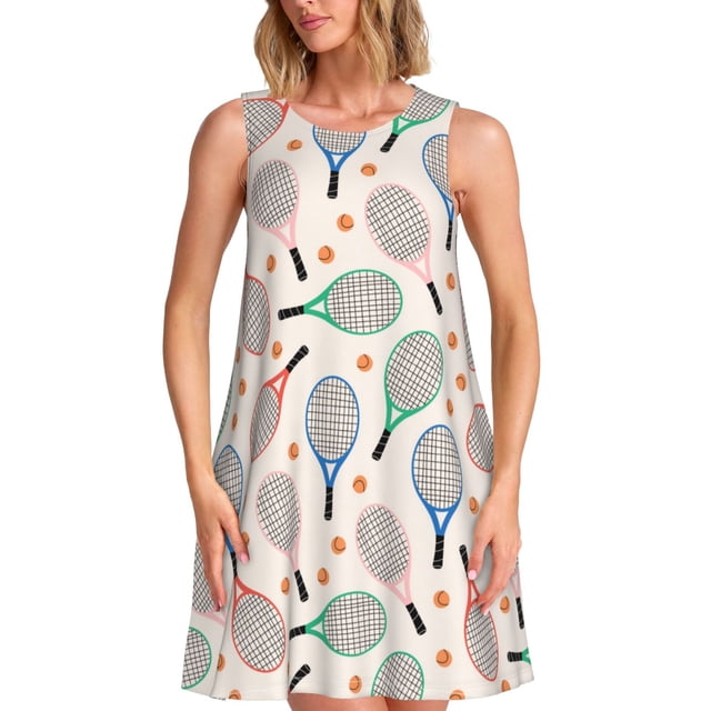 Bixox Robe Sans Manches Imprimée Raquette de Tennis Mignonne pour Femmes avec Poches, Robe Décontractée Longueur Genou pour l'Été-3TG