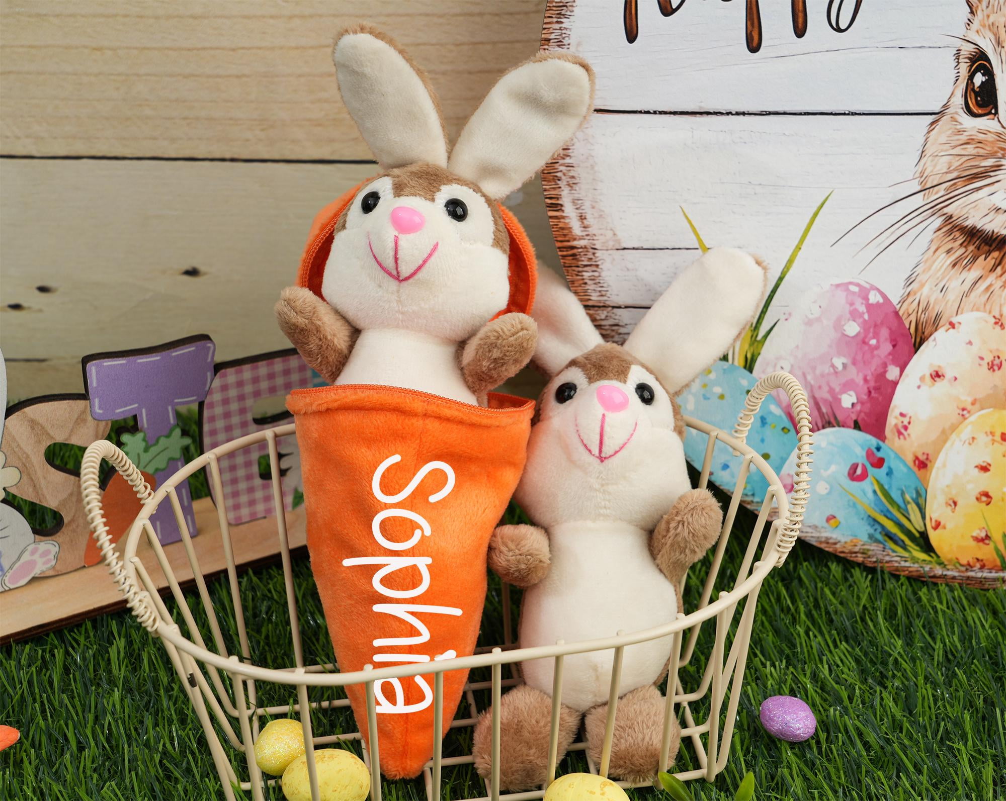 Personalized Easter Carrot with Plush Bunny: Custom Name Spring Holiday Gift