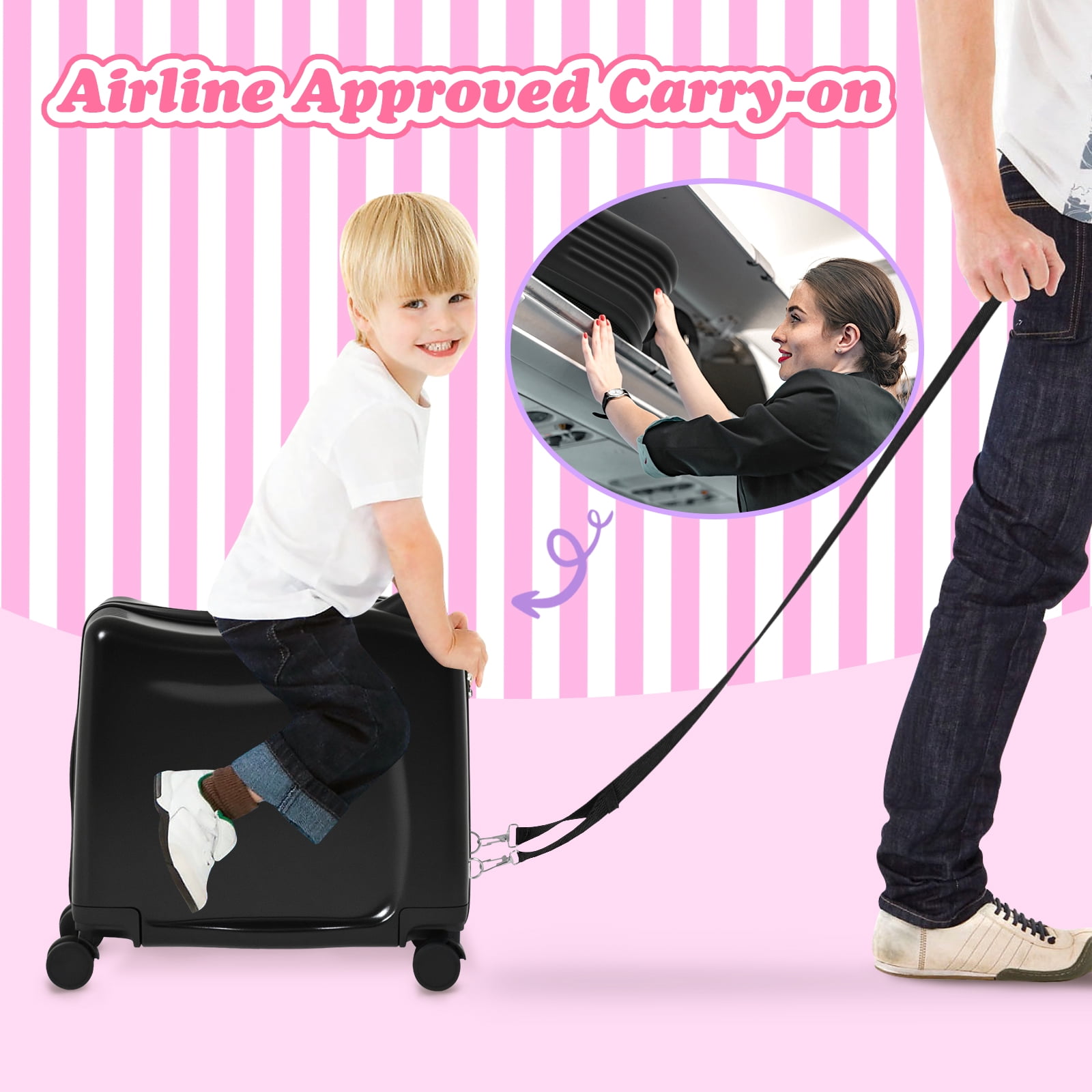 Advwin 20" Ride on Hardshell Suitcase with Spinner Wheels for Kids, Lightweight Trolley Luggage with Carry Strap, Carry on Travel Luggage with Lock, Black