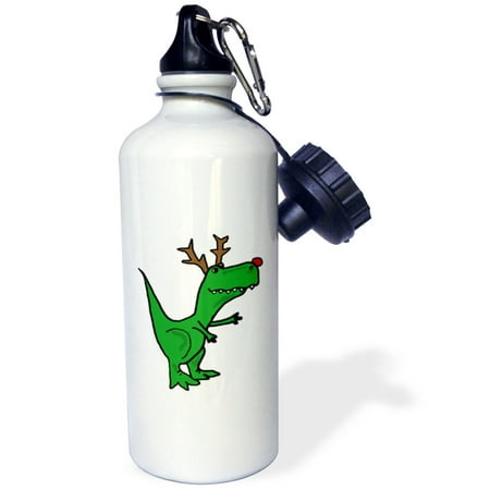 - 3dRose Funny Green T-Rex Dinosaur Dressed as Rudolph Reindeer, Sports Water Bottle, 21oz