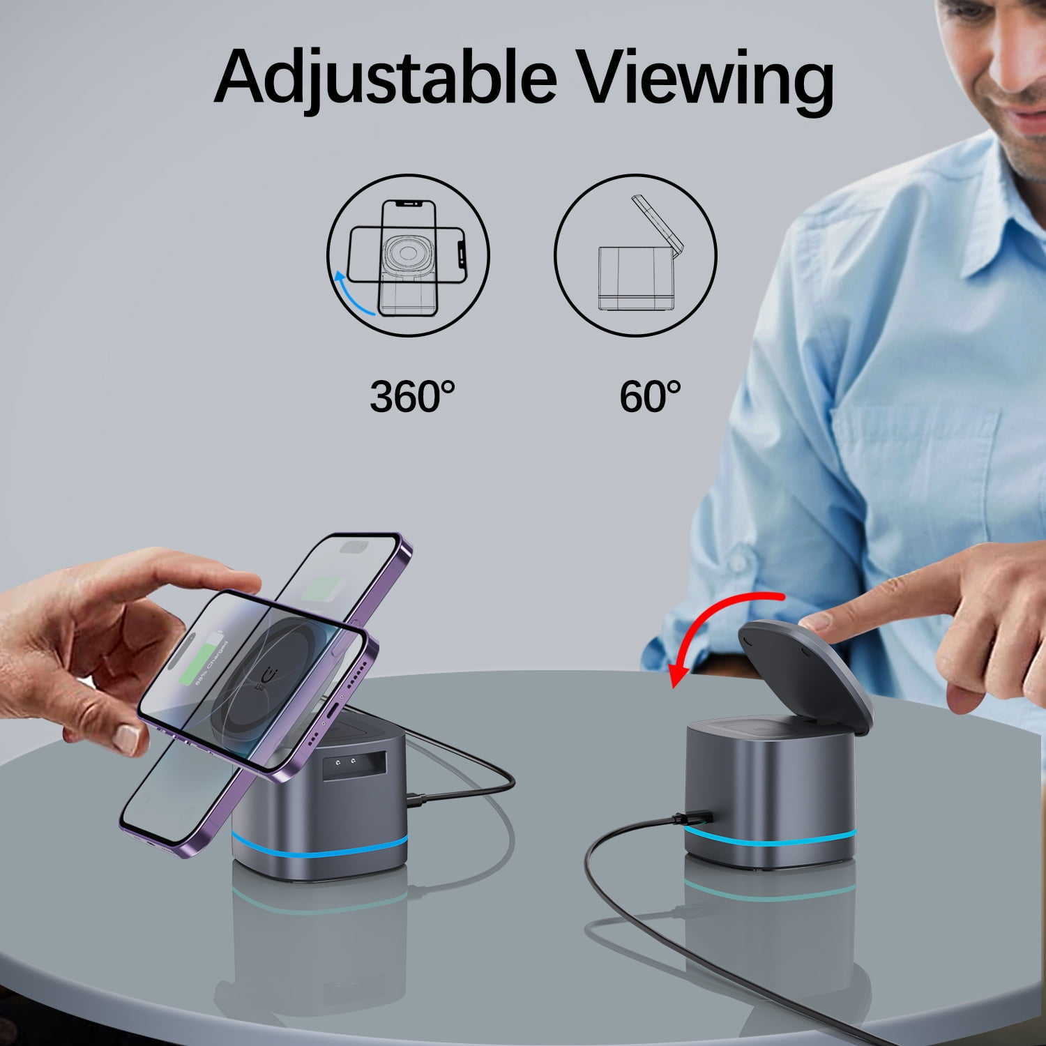 H28 3-in-1 Magnetic Foldable Wireless Charging Station with RGB Light, Strong N52 Magnet 15W Fast Charger for iPhone 17 16 15 14 13 12, Apple Watch, AirPods - Gray