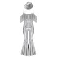 thumbnail image 5 of Choomomo Kids Girls Metallic Flared Pants Jumpsuit Spaghetti Straps Hippie Dance Full Body Unitard and Hat for Performance Silver 6, 5 of 6