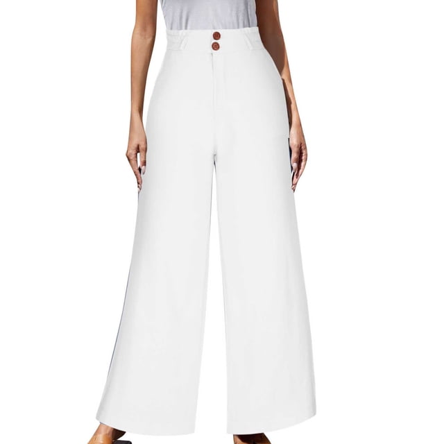 Pantalon Large pour Femmes Rétro Taille Haute Boutons Coton Lin Pantalon Ample Décontracté Confortable Blanc